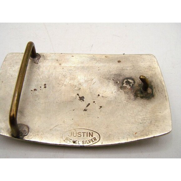 Justin Nickel Silver Gold Saddle Belt Buckle Western Ranch Roping Bullriding Vtg - Picture 4 of 9